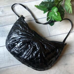 Vintage genuine eel skin shoulder bag purse with bow detail in black.